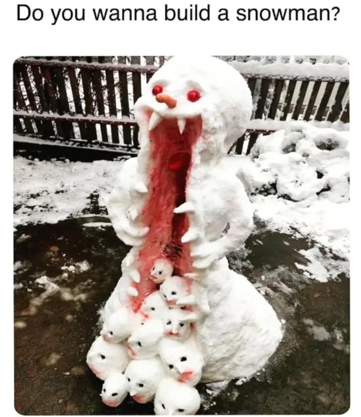 A snowman with a grotesque, monstrous appearance, featuring red glowing eyes, sharp teeth, and a gaping mouth filled with…