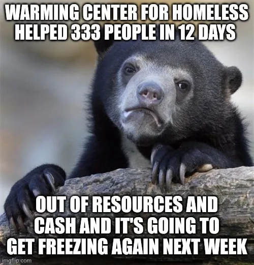 A black bear with a sad, resigned expression rests its paws on a log. White bold text overlays the image, stating: 'WARMING…