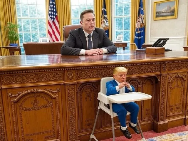 A man in a suit sits at the large wooden desk of the Oval Office, with American flags and windows visible behind him. Beside…