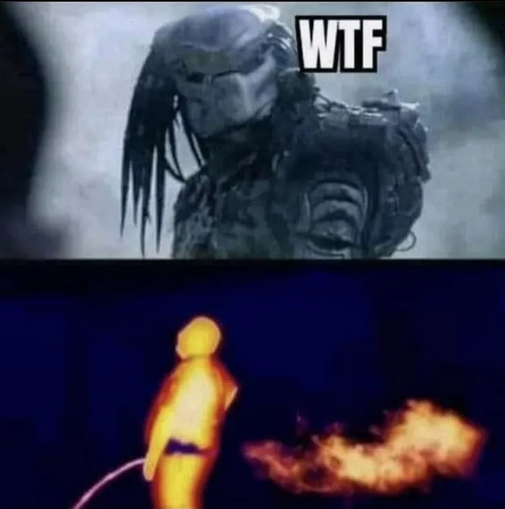 The top panel shows a Predator alien from the movie franchise, looking down with a stern expression, overlaid with the text…
