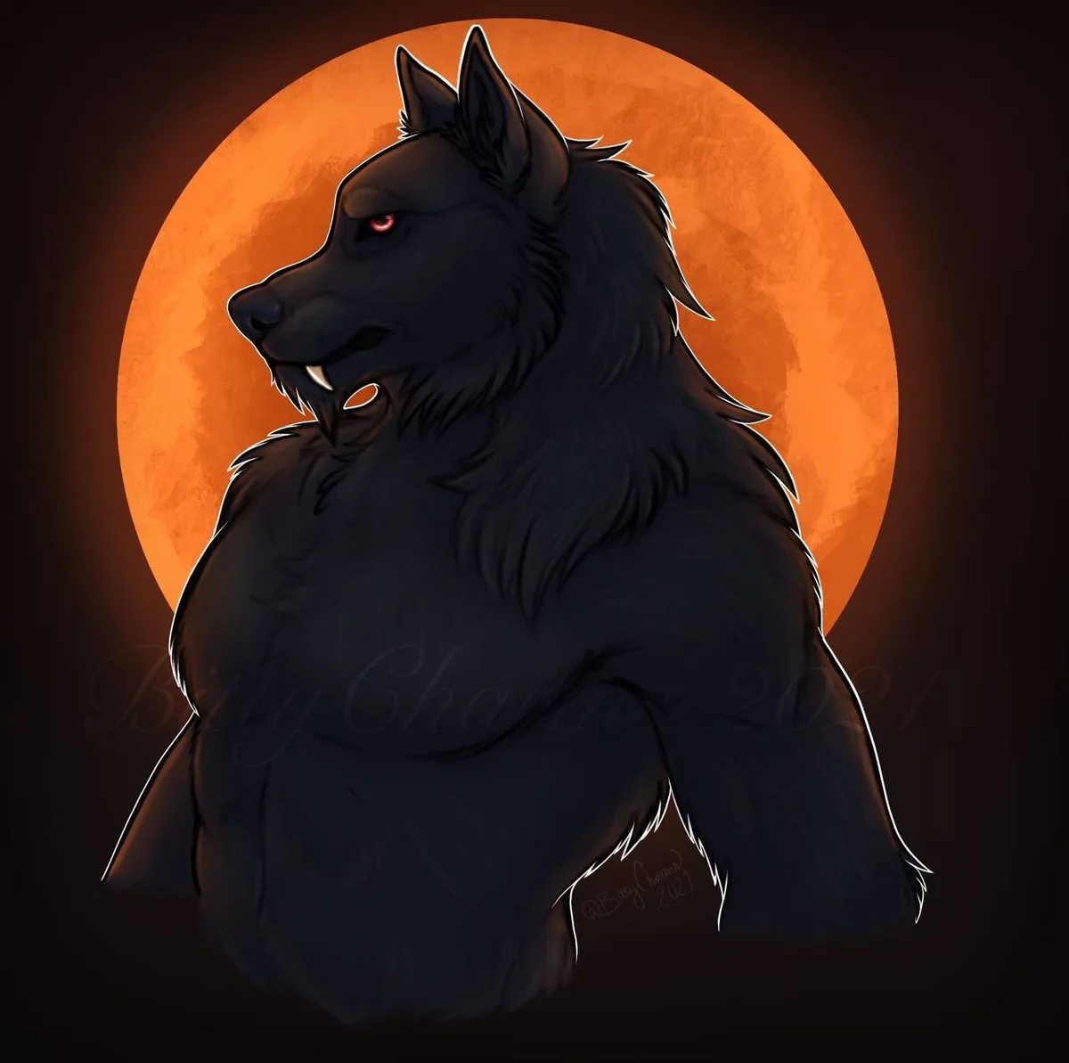 A digitally illustrated black wolf-like creature with red eyes and sharp teeth stands in profile against a large orange full…