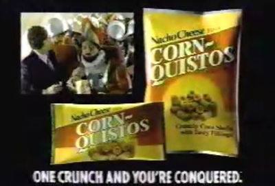 A vintage advertisement for Nacho Cheese Corn Quistos snack bags, with a small inset image showing a group of people in…