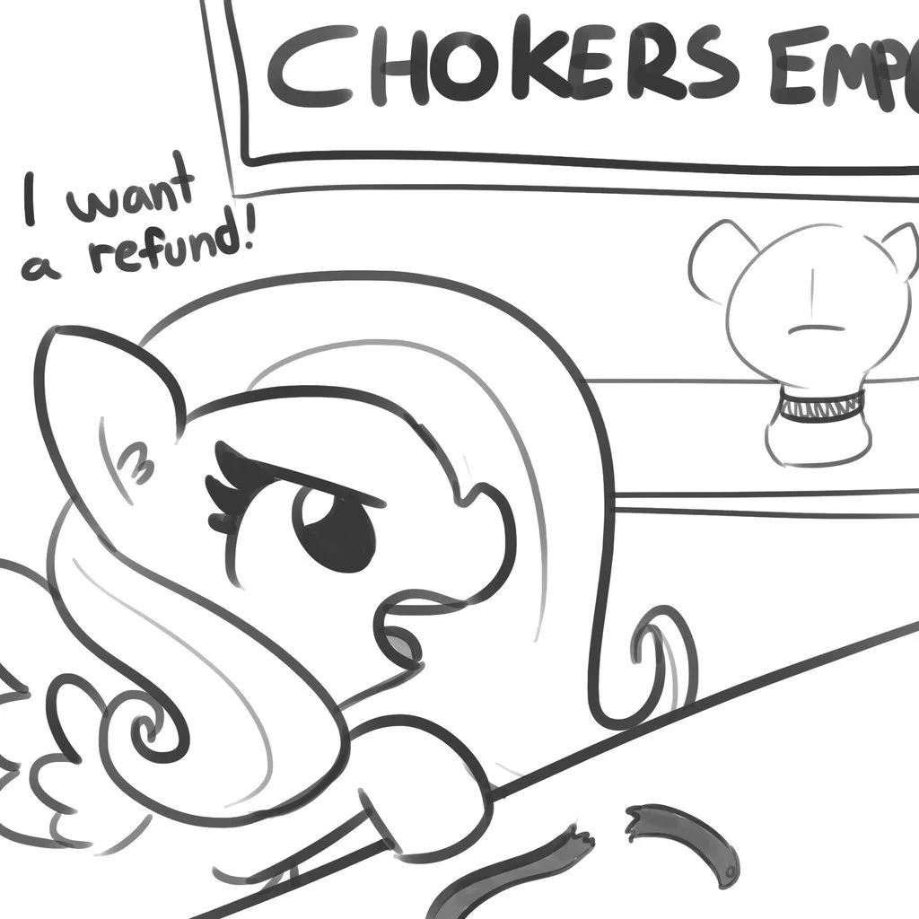 A black-and-white cartoon pony with a long, flowing mane and an angry expression is yelling 'I want a refund!' at a store…