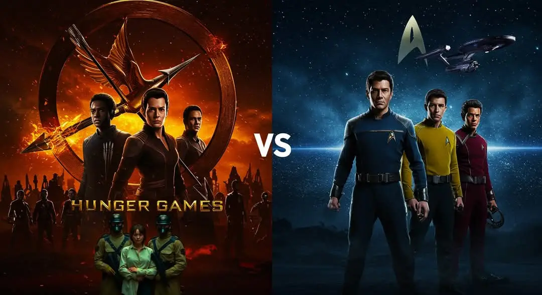 The image is split vertically, showing a promotional poster for 'The Hunger Games' on the left with characters in dystopian…