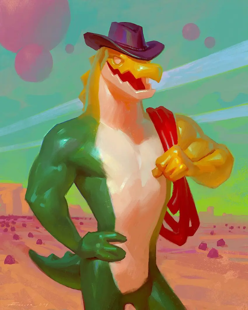 A muscular, anthropomorphic green alligator with a yellow face and sharp teeth stands confidently in a desert landscape…
