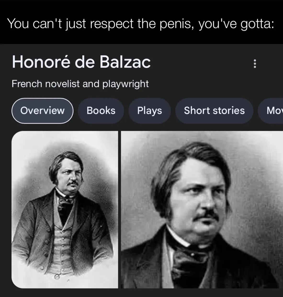 The image shows a screenshot of a biographical page for French novelist and playwright Honoré de Balzac, featuring two…