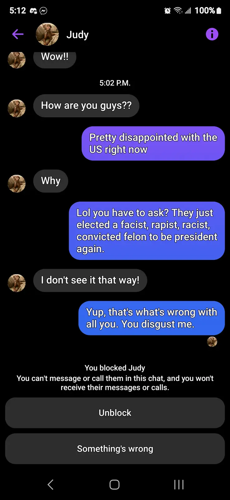 A screenshot of a text conversation with a contact named Judy, where the user expresses political disappointment, leading to…