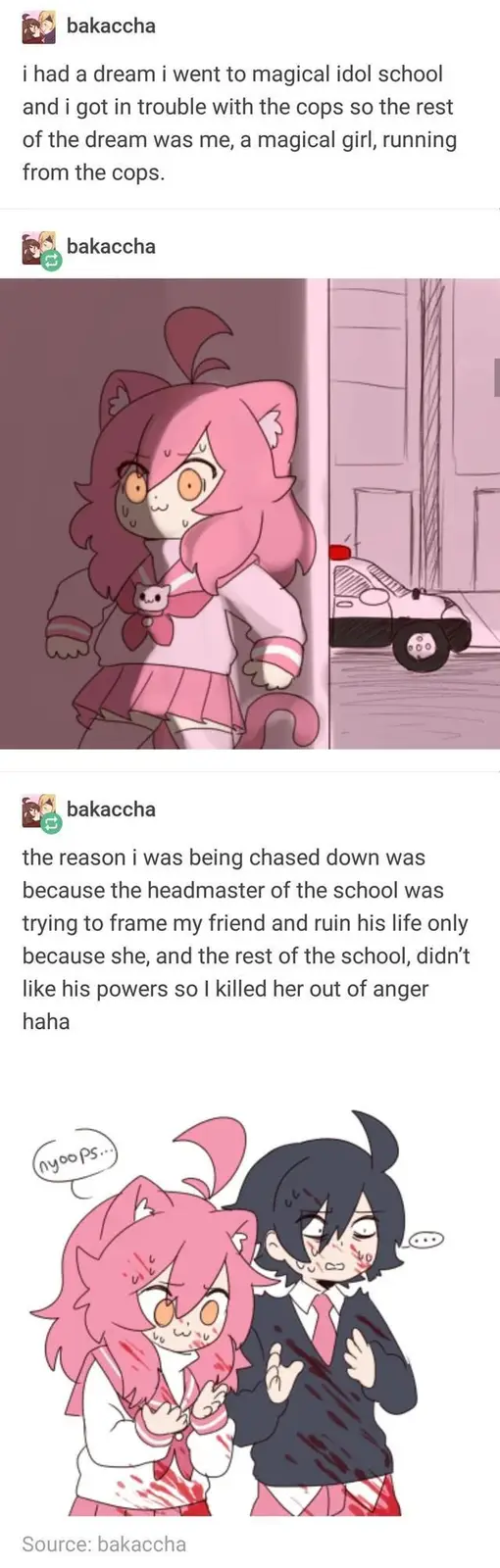 The image shows two panels. The top panel features a pink-haired magical girl in a school uniform hiding behind a corner…