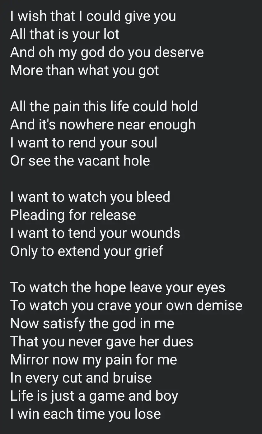 The image displays white text on a dark gray background, presenting a poem with intense, dark themes about desire for…