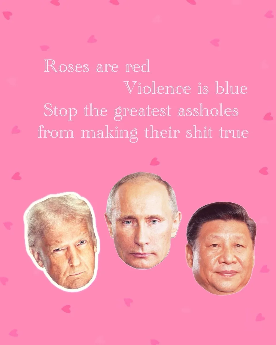 A pink background with scattered hearts features three cutout portraits of Donald Trump, Vladimir Putin, and Xi Jinping…