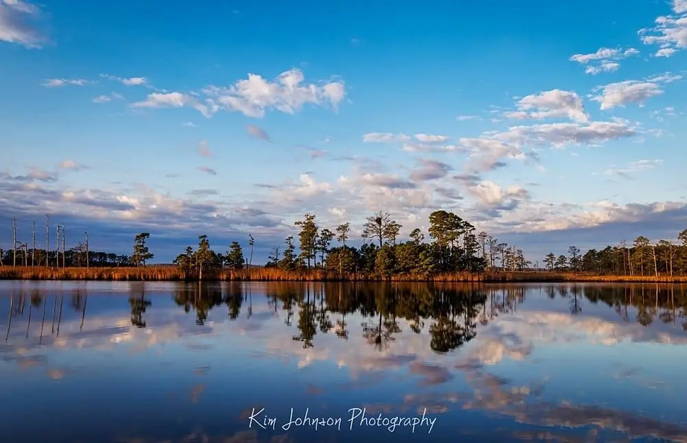 A serene landscape photograph shows a calm body of water reflecting a blue sky with scattered white clouds and a distant…