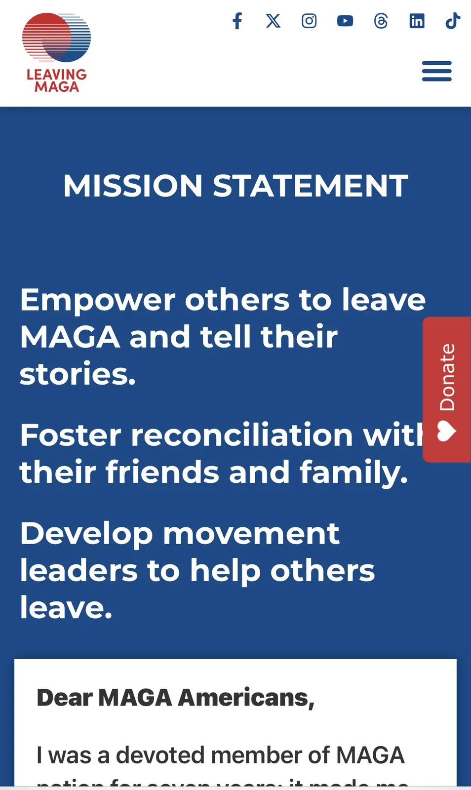 A screenshot of the 'Leaving MAGA' website's mission statement page, which lists goals to empower people to leave MAGA…