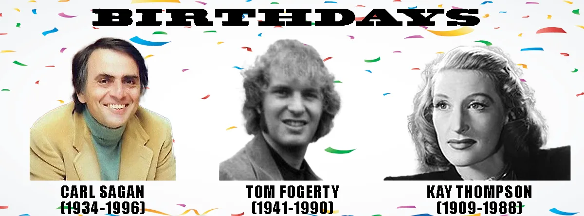 A celebratory image with colorful confetti background and the word 'BIRTHDAYS' at the top. It features three portraits: Carl…
