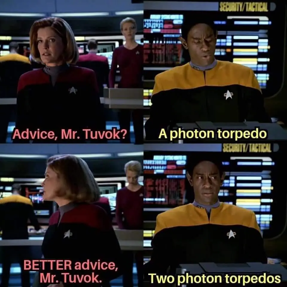 A four-panel Star Trek: Voyager meme showing Tuvok in the security/tactical station. In the first panel, a crew member asks…