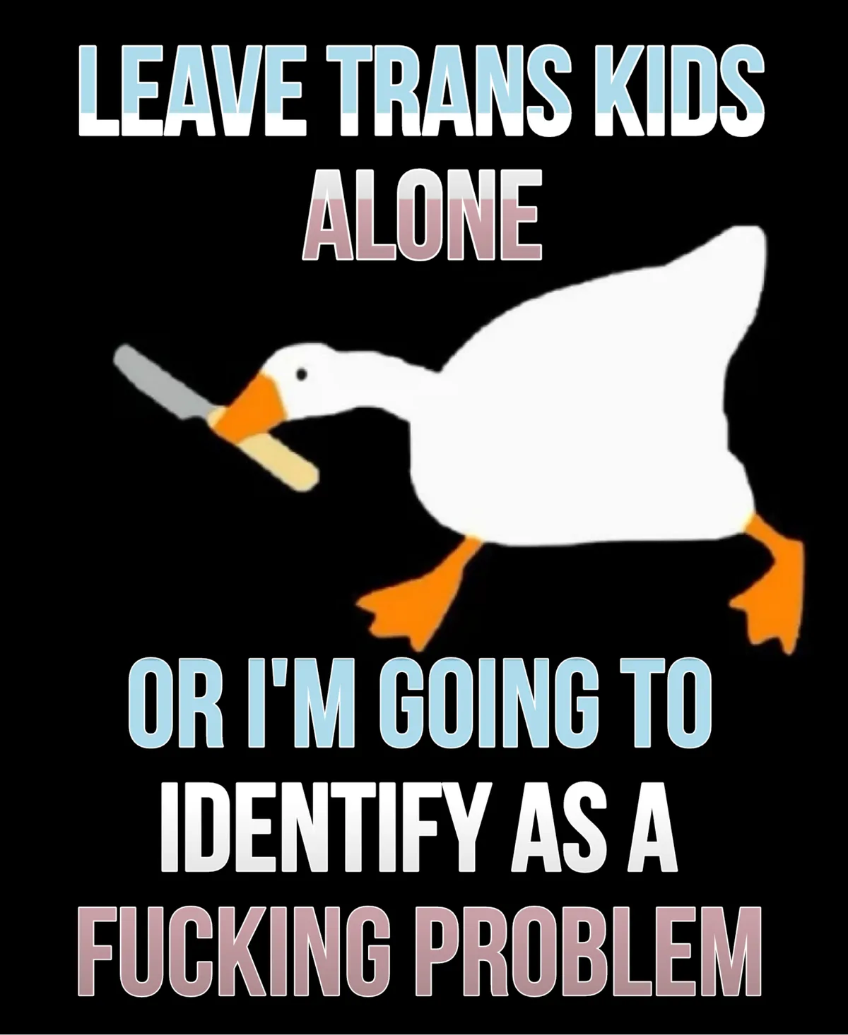 A white cartoon goose with an orange beak and feet holds a knife in its beak against a black background. The text reads…