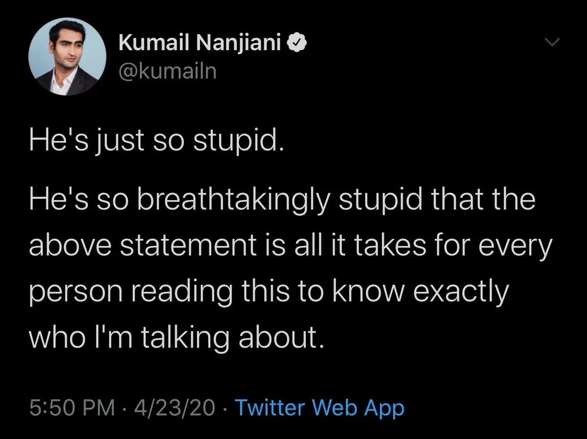 A screenshot of a tweet by Kumail Nanjiani, who is shown in a circular profile picture. The tweet text reads: 'He's just so…