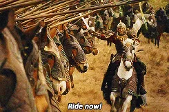 A sequence of six identical frames from a movie scene showing a medieval warrior on horseback, surrounded by mounted…