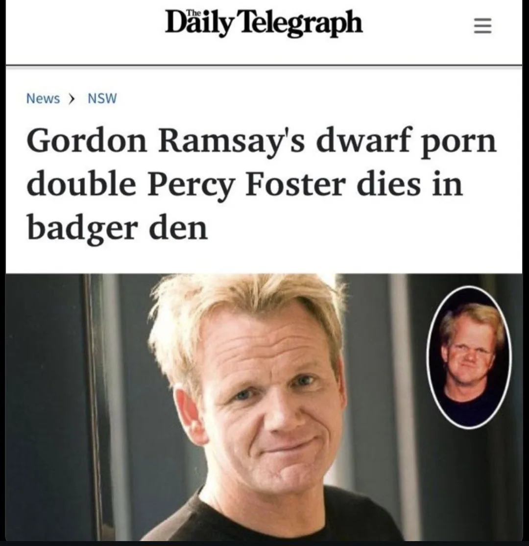 The image shows a screenshot of a fake news article from 'The Daily Telegraph' with the headline 'Gordon Ramsay's dwarf porn…