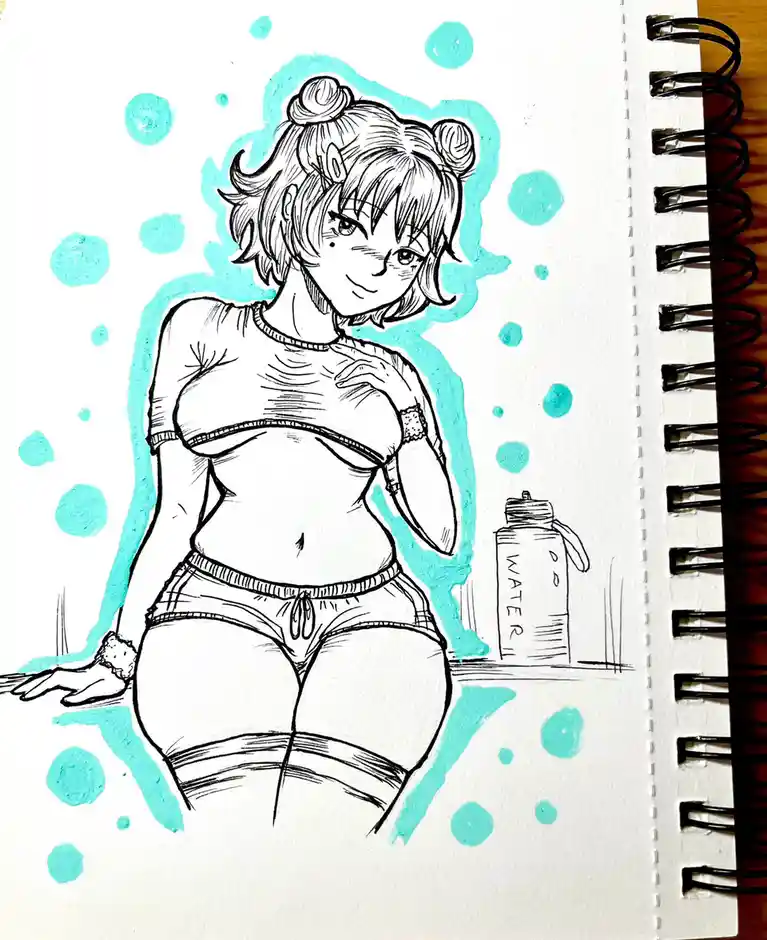 A hand-drawn anime-style illustration of a woman with short hair in two buns, wearing a crop top and shorts, sitting with…