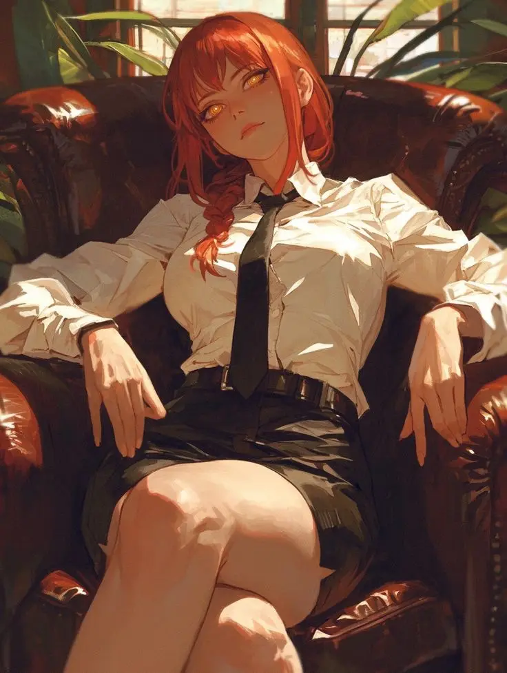 An anime-style illustration of a woman with red hair and glowing yellow eyes, wearing a white button-up shirt and black tie…