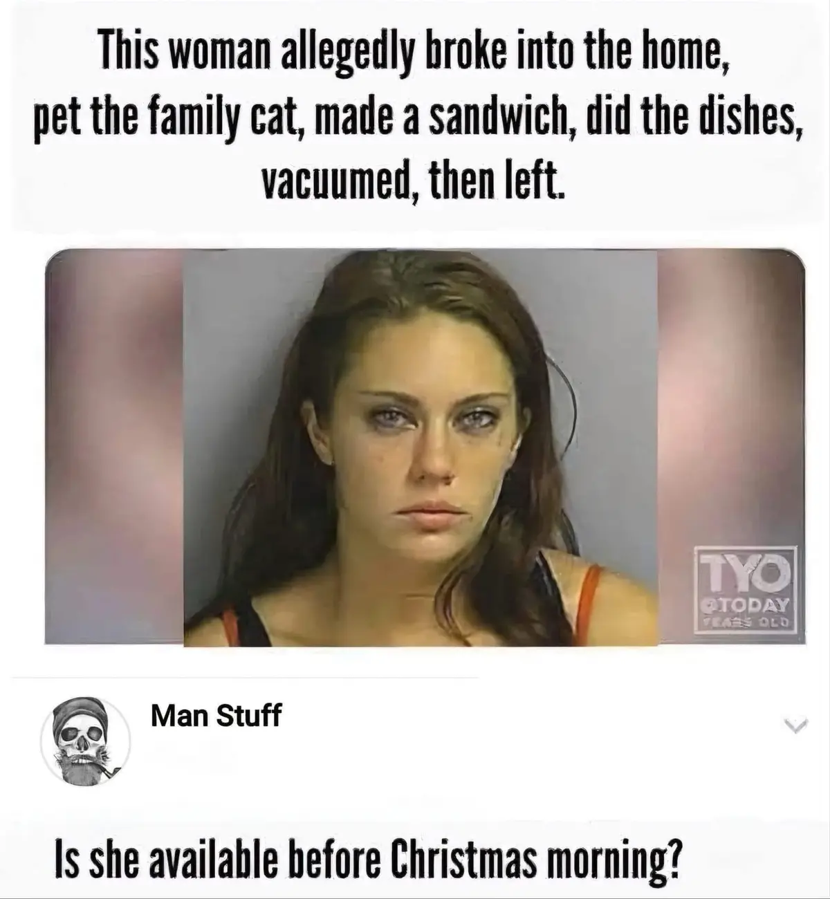 The image shows a mugshot of a woman with a neutral expression, overlaid with text describing her alleged actions: breaking…