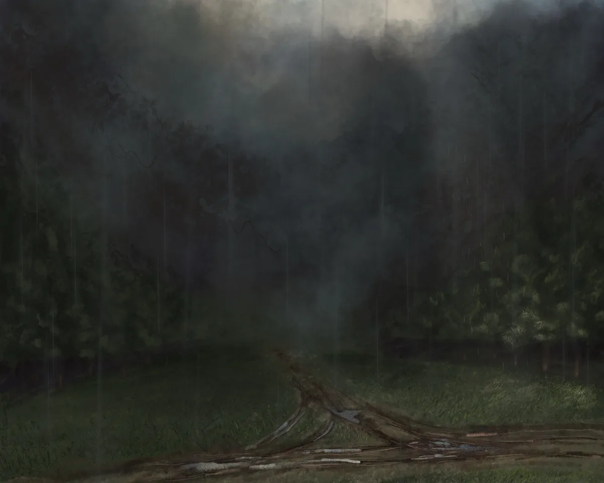 A dark, moody illustration of a rainy forest with a muddy path winding through grass and trees under a gloomy sky. The…