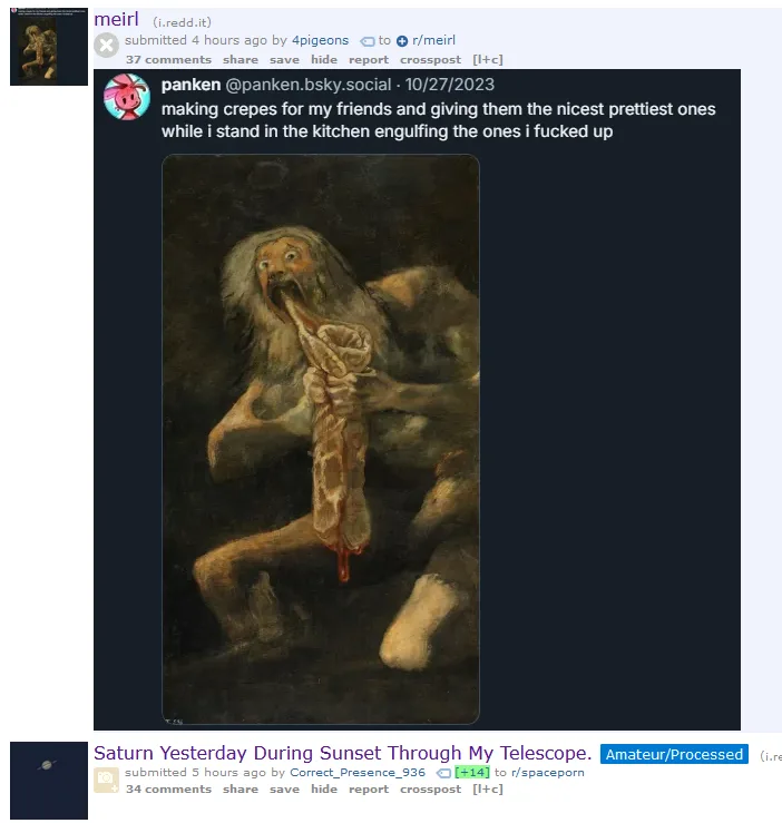 A dark, dramatic painting depicts a gaunt, wild-haired figure with wide eyes, holding and consuming a large, bloody, twisted…