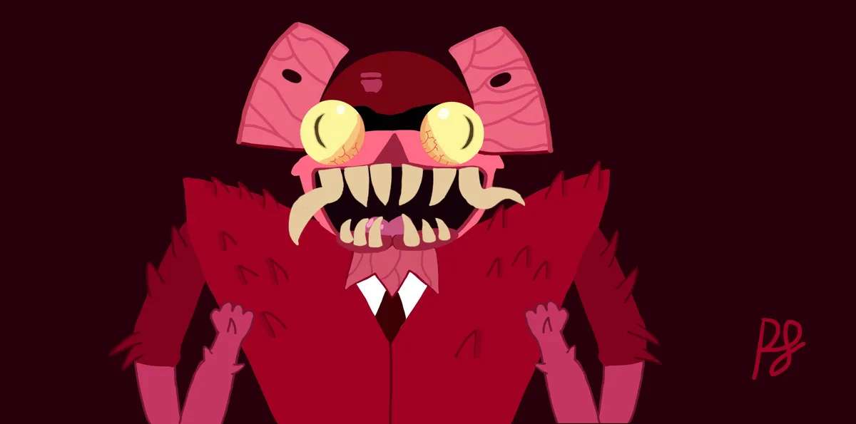 A cartoonish red monster with large yellow eyes, sharp teeth, and pink ears wearing a red suit and tie, stands with clenched…