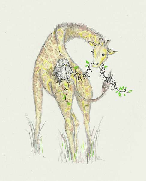 A hand-drawn illustration of a giraffe bending its neck to hold a green leafy banner that reads 'HAPPY BIRTHDAY'. Perched on…
