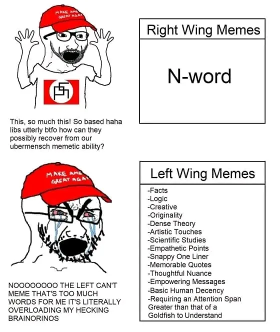 The image is a four-panel meme comparing 'Right Wing Memes' and 'Left Wing Memes'. The top right panel shows 'Right Wing…