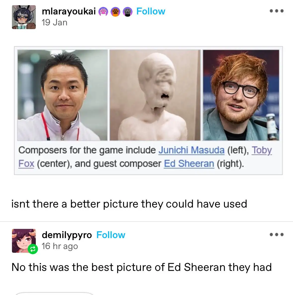 The image displays a screenshot of a social media post featuring three side-by-side photos: a man with dark hair (Junichi…