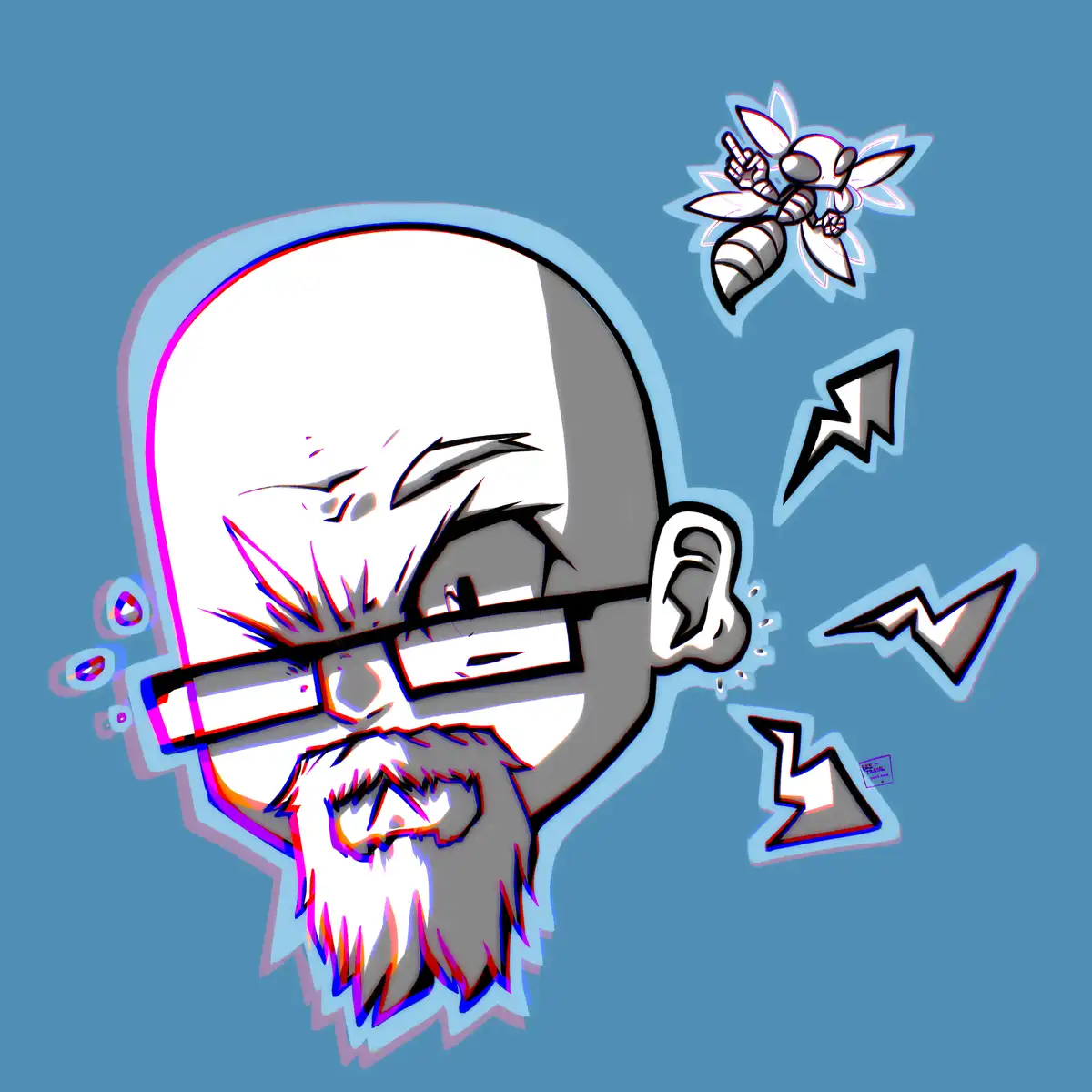 A cartoon illustration shows a bald man with glasses and a beard, eyes squeezed shut in agony, as a cartoon bee flies near…