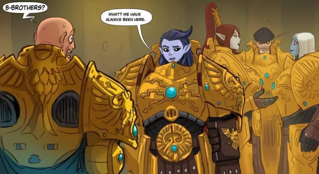 A comic panel shows a bald man in ornate golden armor looking shocked, with a speech bubble saying 'B-BROTHERS?'. A…