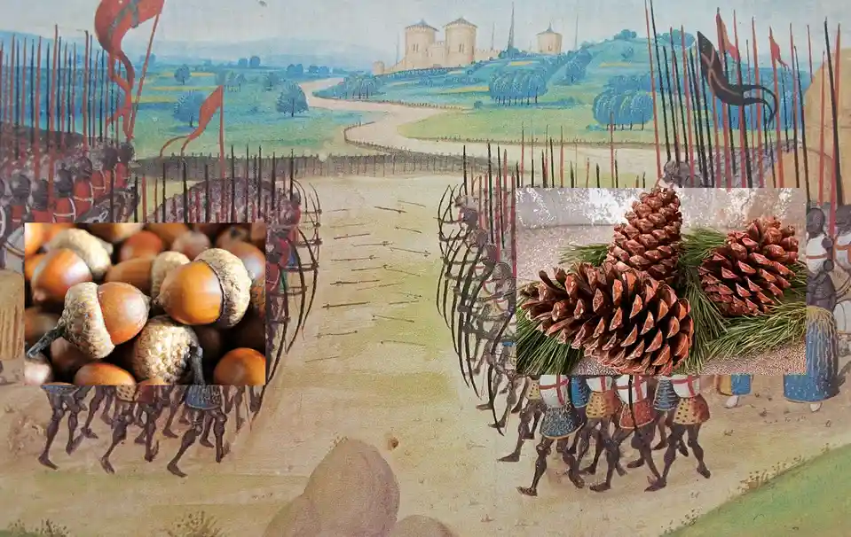A medieval battle scene is edited to show acorns replacing one army and pinecones replacing the other, with the text 'acorns…