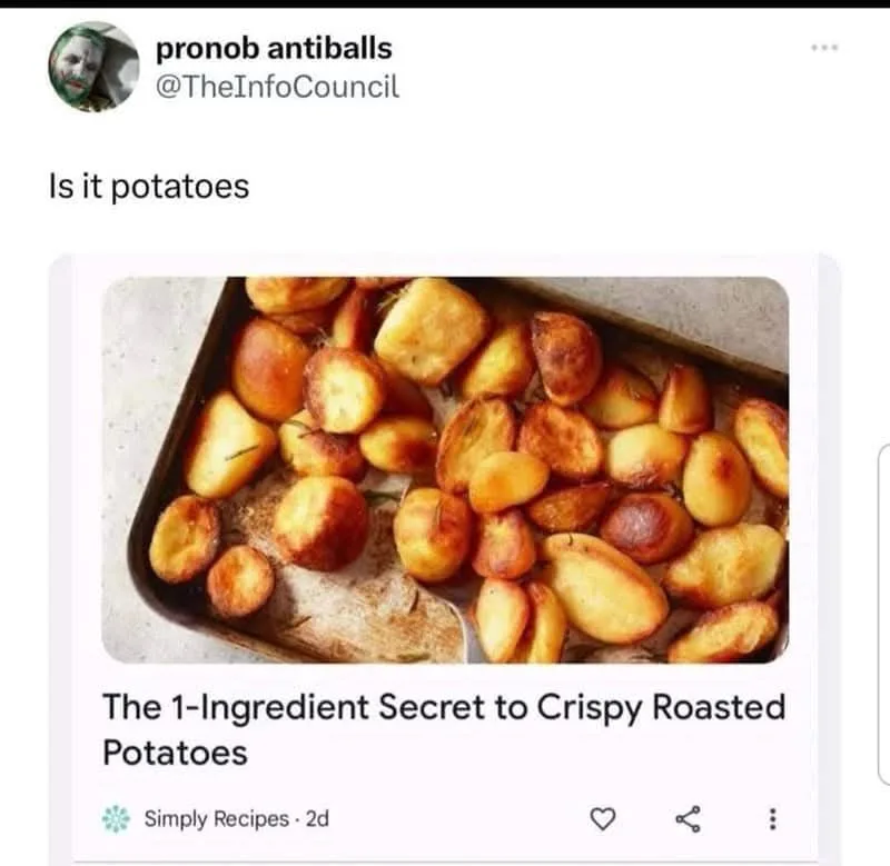 A screenshot of a social media post showing a baking tray of golden-brown roasted potatoes with rosemary sprigs. The post is…