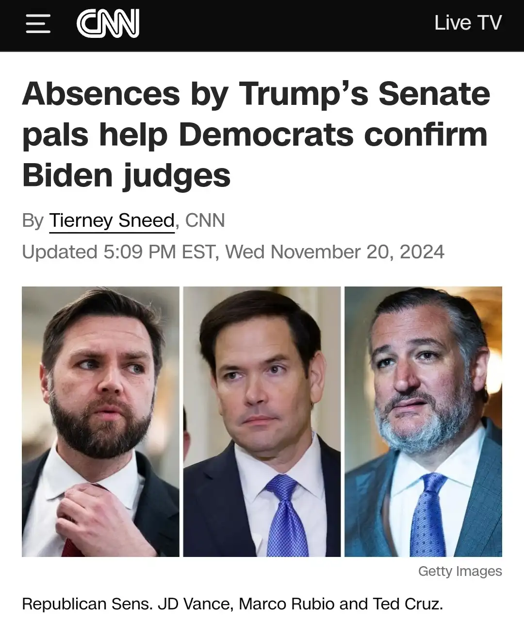 A screenshot of a CNN news article from November 20, 2024, with the headline 'Absences by Trump's Senate pals help Democrats…