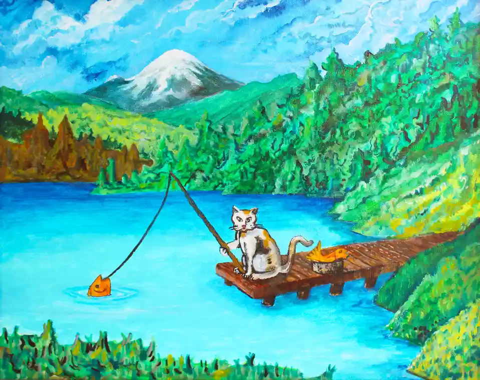 A painting depicts a calico cat sitting on a wooden dock by a bright blue lake, holding a fishing rod. The line is attached…