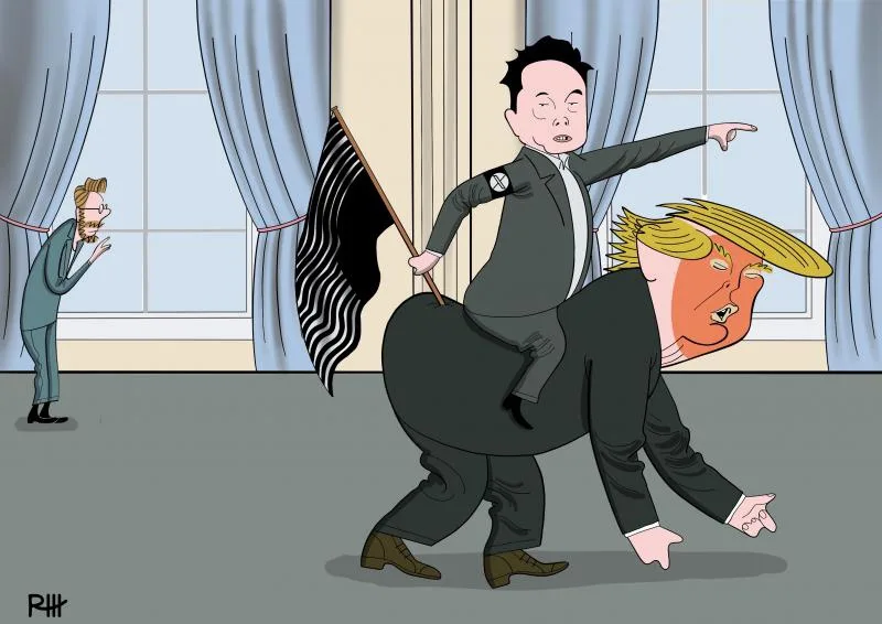 A cartoon depicts a caricature of Eliot Spitzer riding on the back of a caricature of Donald Trump, who is carrying a black…