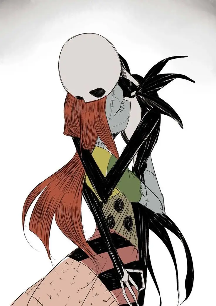 An anime-style illustration shows Jack Skellington from The Nightmare Before Christmas embracing a red-haired female…