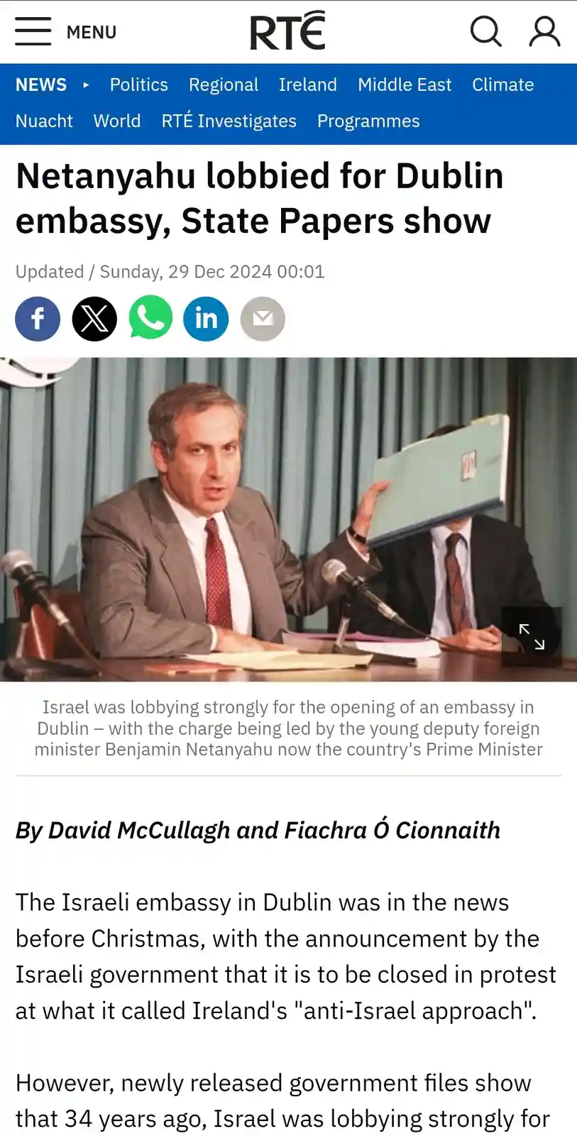 A screenshot of an RTE news article with the headline 'Netanyahu lobbied for Dublin embassy, State Papers show'. The image…