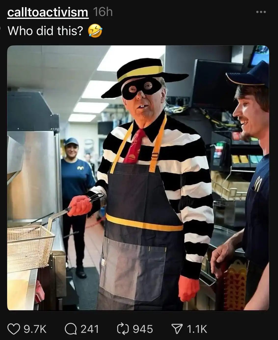 A person in a McDonald's kitchen is dressed as a cartoonish burglar, wearing a black-and-white striped shirt, a black eye…