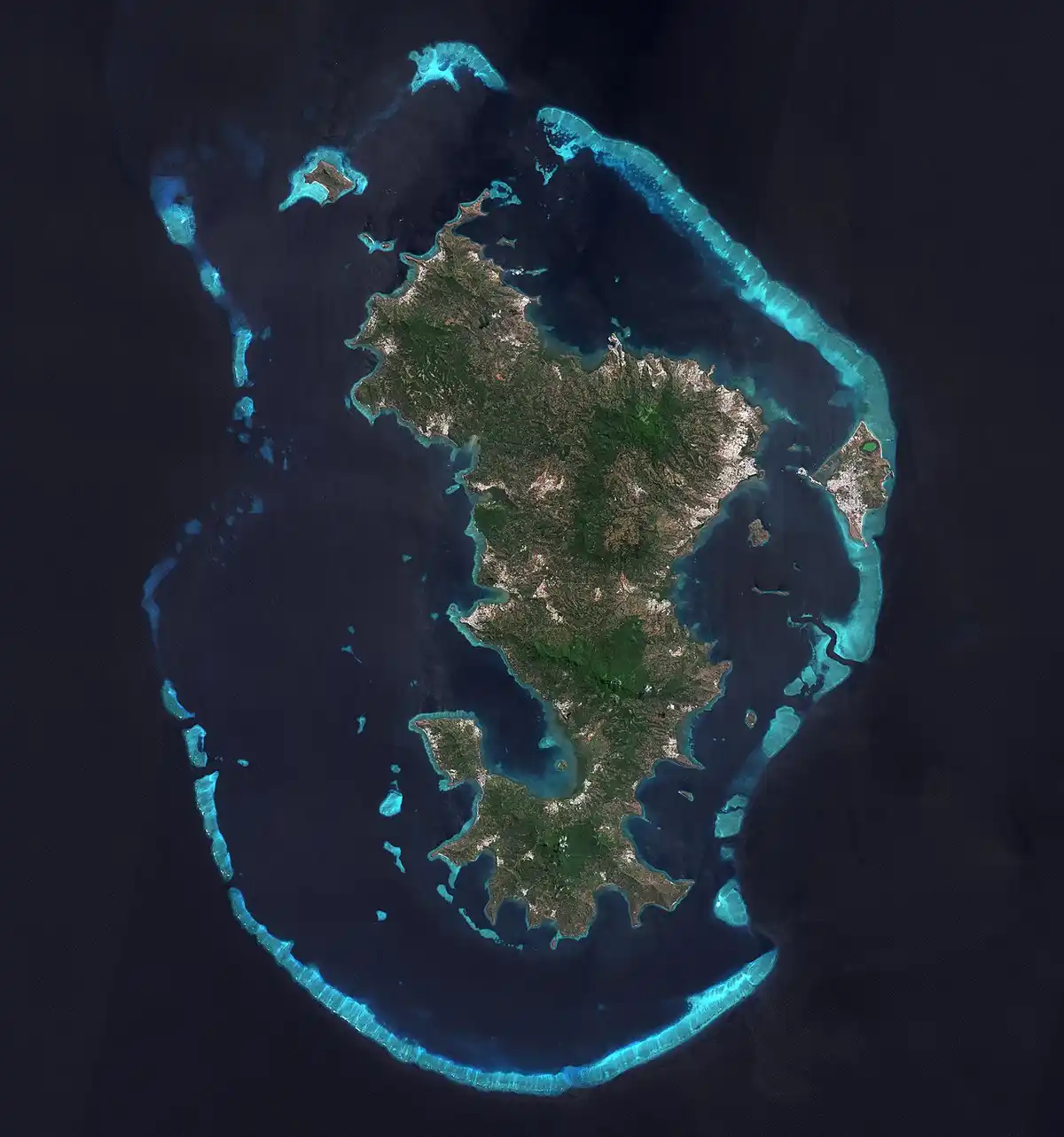a satellite image shows the island of Sicily surrounded by deep blue ocean and a bright turquoise coral reef, with green and…