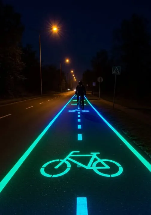 a person rides a bicycle down a dark road at night, illuminated by glowing blue and green lines painted on the pavement…