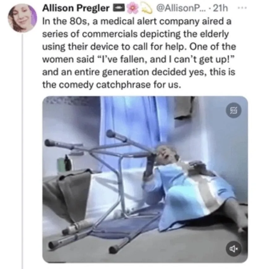An elderly woman in a hospital gown lies on the floor, surrounded by fallen medical equipment, including a collapsed walker…