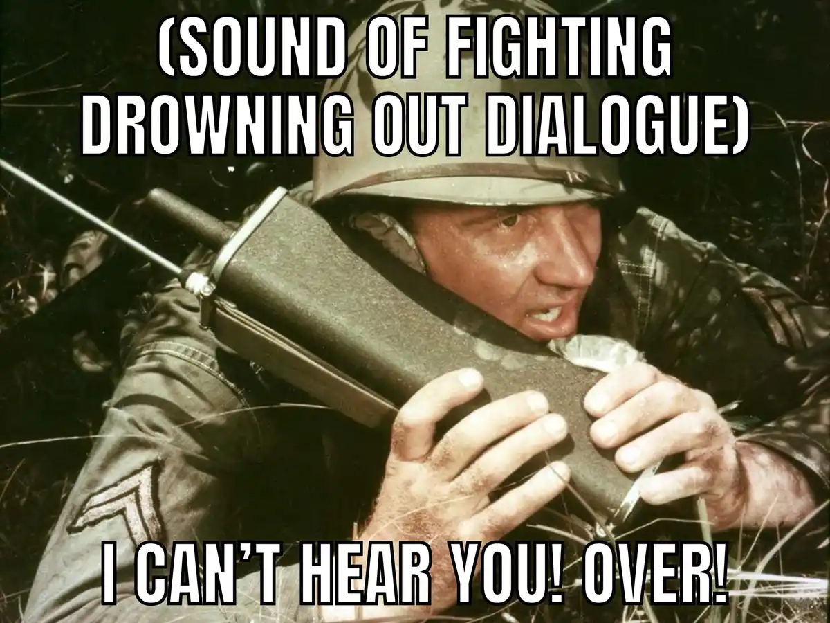 A soldier in a helmet and uniform is shown holding a radio to his ear, looking stressed and shouting. The overlaid text at…