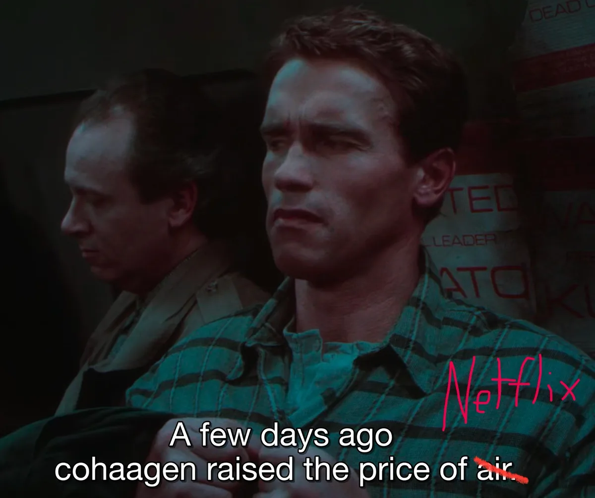 A still from the movie 'The Terminator' shows Arnold Schwarzenegger with a concerned expression, overlaid with white text…