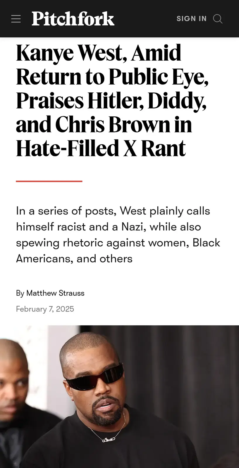 The image displays a screenshot of a Pitchfork article with a headline about Kanye West's controversial social media posts…
