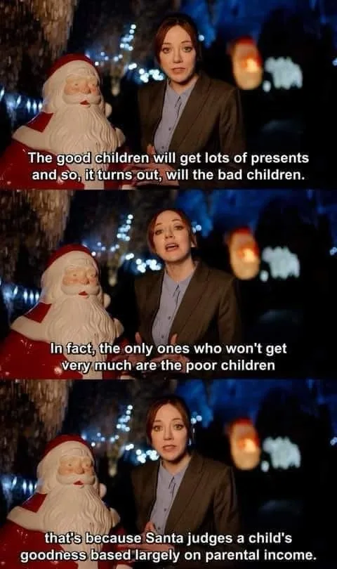 A three-panel meme featuring a woman in a suit standing next to a Santa Claus statue at night. In the first panel, she says…
