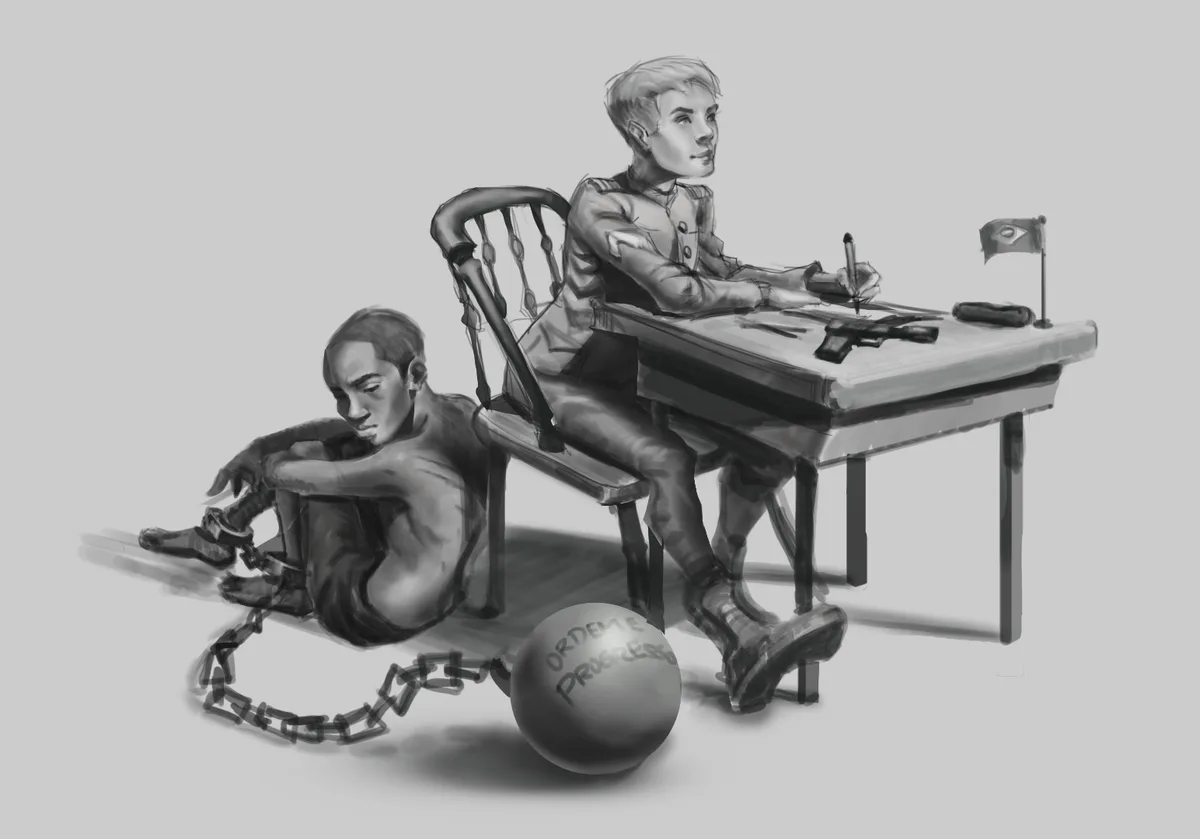 A black-and-white sketch shows a shirtless man chained to a ball and chain labeled 'ordem e progresso' while sitting on the…