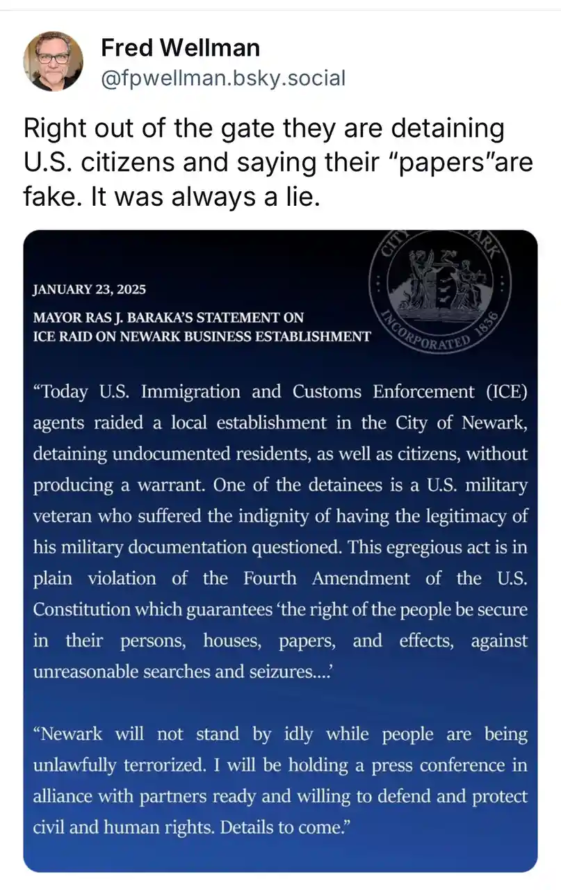 A screenshot of a social media post by Fred Wellman showing a fake Newark city statement dated January 23, 2025, about an…